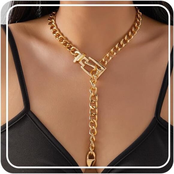 ✨ Chunky Cuban Link Chain Necklace | Gold Belt Buckle Statement Jewelry - Picture 2 of 5